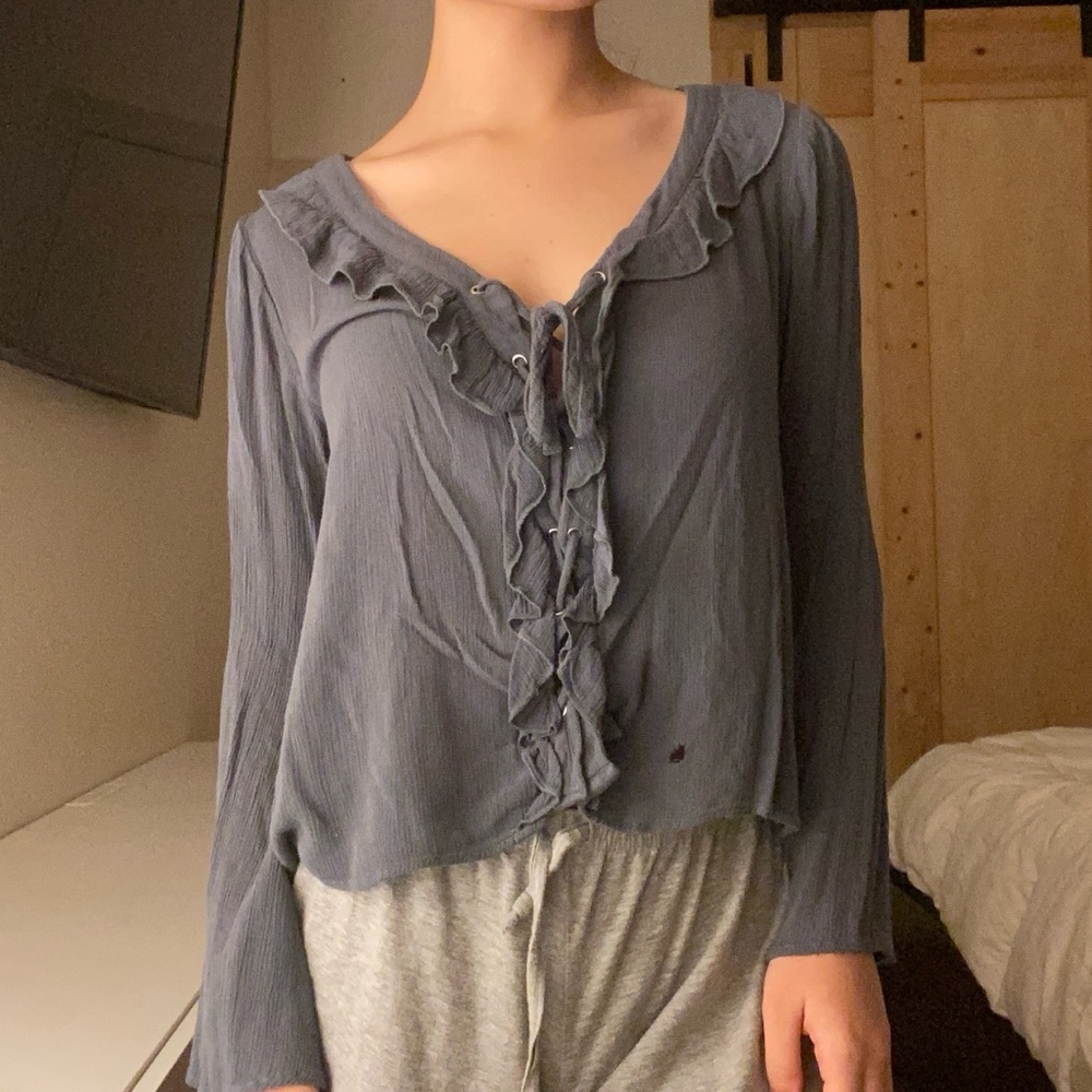 American Eagle Navy Blue Sheer Ruffle Blouse